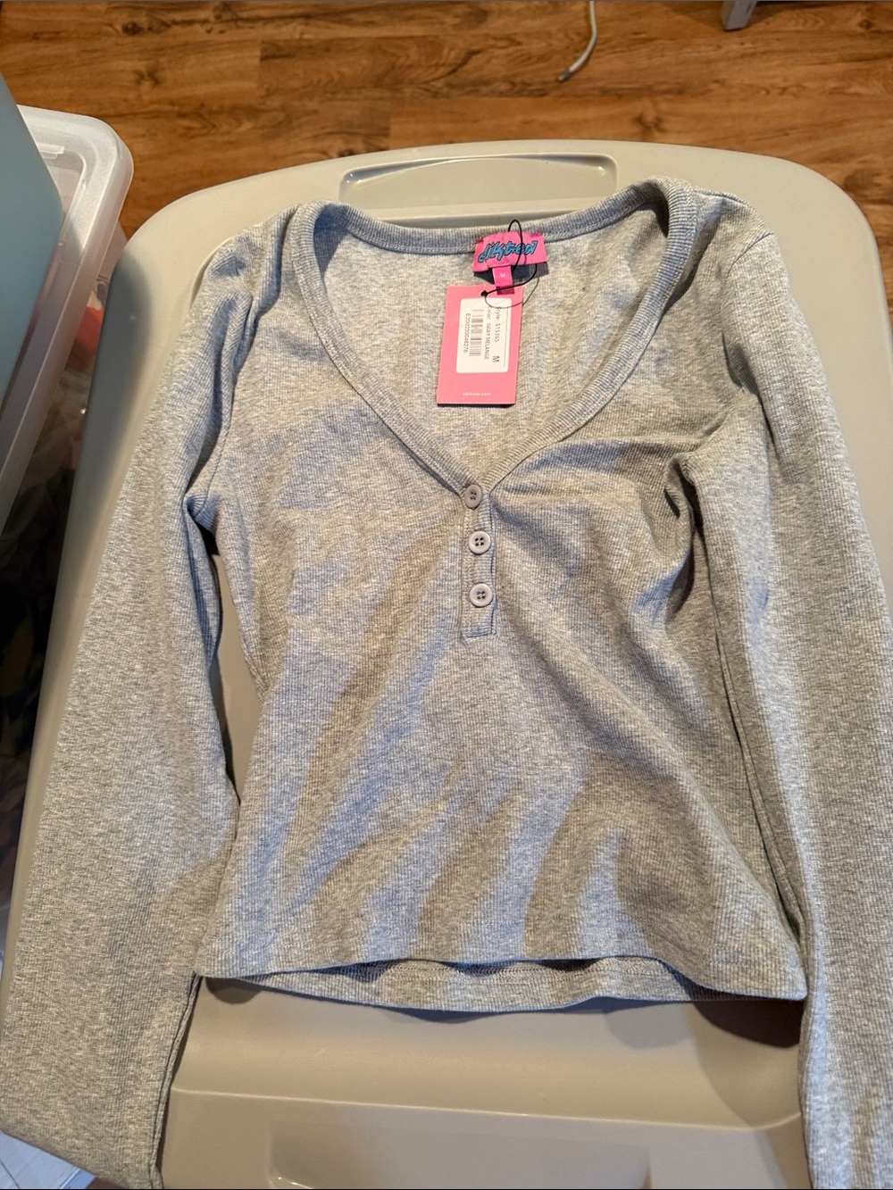 Edikted Gray Ribbed Long Sleeve Henley Top